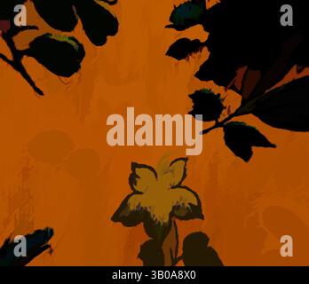 Ein leuchtend orangener Hintergrund wird von dunklen Silhouetten aus Blättern kontrastiert, die ein markantes Zusammenspiel von Licht und Schatten erzeugen. Eine einzelne gelbe Blume hebt sich im Laub hervor. Ein abstraktes kreisförmiges Design mit floralen Silhouetten vor einem warmen, strukturierten Hintergrund, das ein Gefühl natürlicher Eleganz und Kunstfertigkeit vermittelt. Klassische Kunst mit einem modernen Twist von Artotop, transformierte französische Stoffe, erste Hälfte des 19. Jahrhunderts, klassische Kunst mit einem modernen Twist von Artotop Stockfoto