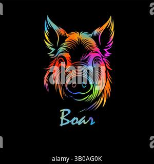 Schweinfarbener Kopf auf schwarzem Hintergrund. Handzeichnung. Nicht AI, Vektorillustration Stock Vektor