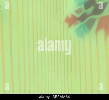Ein weicher, abstrakter Hintergrund zeigt vertikale Linien in verschiedenen Grüntönen, kombiniert mit Anklängen von lebhaften Farben, die einen atmosphärischen und ätherischen Effekt erzeugen. Eine kreisförmige Platte mit einem dezenten Streifenmuster, verziert mit zarten Blumenelementen in sanften Grün- und Orange-Tönen. Klassische Kunst mit einem modernen Twist von Artotop, transformierte französische Stoffe, erste Hälfte des 19. Jahrhunderts, klassische Kunst mit einem modernen Twist von Artotop Stockfoto