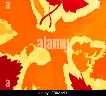 Leuchtende Herbstblätter in Orange- und Rottönen strahlen vor einem warmen, leuchtenden Hintergrund aus und schaffen eine lebendige Komposition, die das Wesen der Saison einfängt. Ein lebendiges, kreisförmiges Design mit kräftigen Blumenmustern in Rot und Gelb für eine dynamische und lebendige Komposition. Klassische Kunst mit einem modernen Twist von Artotop, transformierte französische Stoffe, erste Hälfte des 19. Jahrhunderts, klassische Kunst mit einem modernen Twist von Artotop Stockfoto