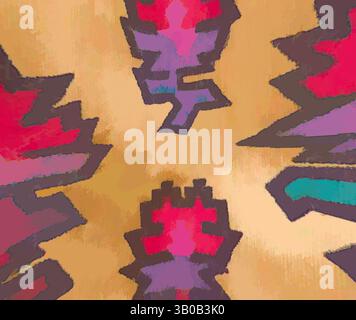 Ein abstraktes Design mit kräftigen Formen in leuchtendem Rosa und Violett, das von einem zentralen Punkt auf einem warmen, goldenen Hintergrund strahlt. Ein dekoratives Oval-Objekt mit einem lebhaften Muster aus stilisierten Blumen in verschiedenen Rot-, Rosa- und Grüntönen vor einem warmen goldenen Hintergrund. Klassische Kunst mit einem modernen Twist von Artotop, transformierte französische Stoffe, erste Hälfte des 19. Jahrhunderts, klassische Kunst mit einem modernen Twist von Artotop Stockfoto