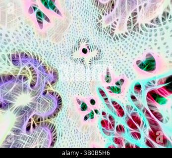 Ein lebendiger und komplizierter Strudel aus Farben und Mustern, der organische Formen mit einer lebendigen, fast ätherischen Qualität verbindet. Das Design zeichnet sich durch zarte Linien und Texturen aus, die ein Gefühl von Tiefe und Bewegung erzeugen und eine traumhafte Atmosphäre hervorrufen. Eine komplexe Anordnung von lebendigen, abstrakten Mustern, die organischen Formen ähneln, mit einer Kombination aus roten, lila und grünen Elementen auf einem hellen Hintergrund, die ein Gefühl von natürlicher Schönheit und Komplexität wecken. Klassische Kunst mit modernem Touch, neu interpretiert von Artotop, transformierte französische Stoffe, erste Hälfte des 19. Jahrhunderts, Klassische Kunst mit einem Stockfoto