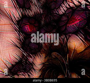 Eine abstrakte Komposition mit einem Gewirr von ineinander verflochtenen, lebendigen Formen und Linien, die einen beeindruckenden visuellen Kontrast mit einem Hauch von Tiefe und Textur schaffen. Das Arrangement weckt ein Gefühl von Bewegung und Komplexität und lenkt den Blick auf das Zusammenspiel von Farben und Mustern., Ein kreisförmiges Kunstwerk mit abstraktem Blumenarrangement, mit komplexen Mustern und lebendigen Farben, die sich vermischen und ein Gefühl von Tiefe und Komplexität schaffen. Die Komposition zeigt sowohl organische Formen als auch strukturierte Details, die eine lebendige, künstlerische Interpretation der Natur hervorrufen. Klassische Kunst mit modernem Touch neu interpretiert Stockfoto