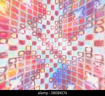 Ein lebendiges, abstraktes Muster mit einem Kaleidoskop aus bunten Quadraten und Kreisen, das ein Gefühl von Tiefe und Bewegung erzeugt. Das Zusammenspiel verschiedener Farbtöne sorgt für eine dynamische und verspielte Atmosphäre. Ein lebendiges kreisförmiges Design mit komplexen Mustern, die geometrische Formen mit organischen Motiven kombinieren und so einen lebendigen und farbenfrohen visuellen Wandteppich schaffen. Klassische Kunst mit einem modernen Twist von Artotop, transformierte französische Stoffe, erste Hälfte des 19. Jahrhunderts, klassische Kunst mit einem modernen Twist von Artotop Stockfoto