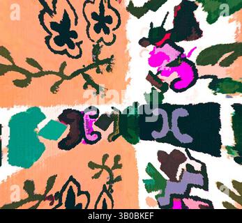Ein lebhaftes Muster mit floralen Motiven und abstrakten Formen in einer Mischung aus Farben, die ein dynamisches und energiegeladenes Design schaffen. Ein kreisförmiges Muster mit einer lebendigen Mischung aus floralen und abstrakten Designs, durchsetzt mit geometrischen Formen in Orange, Rosa, Grün und Lila. Die Anordnung erzeugt eine dynamische visuelle Textur, die das Auge anzieht. Klassische Kunst mit einem modernen Twist von Artotop, transformierte französische Stoffe, erste Hälfte des 19. Jahrhunderts, klassische Kunst mit einem modernen Twist von Artotop Stockfoto