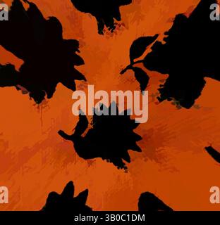 Eine auffällige Komposition aus dunklen Silhouetten von Blättern, die vor einem leuchtenden orangen Hintergrund verstreut sind, schafft einen auffälligen Kontrast, der ein Gefühl von Herbst und Natur weckt. Ein kreisförmiges Muster mit kräftigen schwarzen Silhouetten von Blumen vor einem warmen, orangen Hintergrund mit zarten weißen Blumenakzenten. Klassische Kunst mit einem modernen Twist von Artotop, transformierte französische Stoffe, erste Hälfte des 19. Jahrhunderts, klassische Kunst mit einem modernen Twist von Artotop Stockfoto