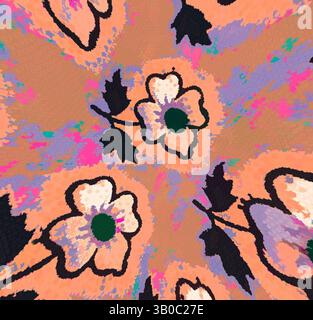 Ein lebhaftes Blumenmuster zeigt große Blüten mit dunklen Blättern vor einem warmen, pfirsichfarbenen Hintergrund. Die Farbtupfer Rosa, Lila und Grün sorgen für einen lebendigen, dynamischen Effekt. Ein dekoratives Kreismuster mit stilisierten Blüten in Orange, Rosa und Grün, umgeben von abstrakten Texturen, die den lebendigen Look unterstreichen. Klassische Kunst mit einem modernen Twist von Artotop, transformierte französische Stoffe, erste Hälfte des 19. Jahrhunderts, klassische Kunst mit einem modernen Twist von Artotop Stockfoto