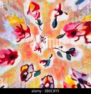 Ein lebhafter Anstoß von floralen Mustern mit einer Mischung aus zarten Blüten und Blättern, die eine dynamische und lebendige Komposition schaffen. Die Farben verschmelzen und fließen ineinander, wodurch der Eindruck von Bewegung und Energie in einem Garten entsteht. Ein kreisförmiges Design mit einer lebendigen Auswahl an Blumen in verschiedenen Farben, vor einem helleren Hintergrund. Die floralen Muster sind kunstvoll und verspielt und schaffen eine fröhliche Atmosphäre. Klassische Kunst mit einem modernen Twist von Artotop, transformierte französische Stoffe, erste Hälfte des 19. Jahrhunderts, Klassische Kunst mit einem modernen Twist neu interpretiert von Stockfoto