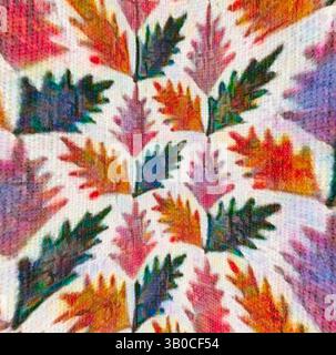 Ein lebhaftes Muster aus bunten Blättern in verschiedenen Farbtönen, das aufwändig angeordnet ist, um ein lebendiges und künstlerisches Design zu schaffen. Ein kreisförmiges Muster mit lebendigen, stilisierten Blättern in verschiedenen Farbtönen, angeordnet in einem repetitiven, aber harmonischen Design. Das Laub ist in Grün-, Orange-, Rosa- und Violetttönen gehalten und sorgt so für ein lebendiges und dekoratives Erscheinungsbild. Klassische Kunst mit einem modernen Twist von Artotop, transformierte französische Stoffe, erste Hälfte des 19. Jahrhunderts, klassische Kunst mit einem modernen Twist von Artotop Stockfoto
