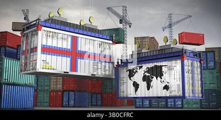 Flaggen der Färöer und Weltkarte auf Frachtcontainern - internationales Handelskonzept - 3D-Illustration Stockfoto