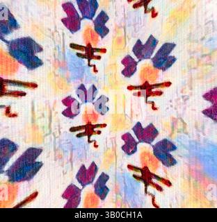 Ein lebhaftes Muster mit abstrakten Blumen in Blau- und Violetttönen, durchsetzt mit verspielten Figuren, schafft eine lebendige und dynamische Komposition. Der Hintergrund ist mit weichen, gemischten Farben versehen, die den skurrilen Charakter des Designs unterstreichen. Ein kreisförmiges Muster mit leuchtenden Blumen und stilisierten Figuren, umgeben von einer weichen, farbenfrohen Borte, die seinen künstlerischen Charme unterstreicht. Klassische Kunst mit einem modernen Twist von Artotop, transformierte französische Stoffe, erste Hälfte des 19. Jahrhunderts, klassische Kunst mit einem modernen Twist von Artotop Stockfoto
