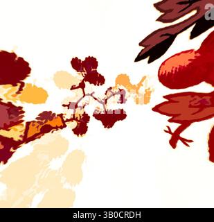 Eine abstrakte Komposition mit leuchtenden Herbstblättern, die sich mit sanften, warmen Tönen vermischen und ein harmonisches Zusammenspiel der Naturfarben schaffen. Ein kreisförmiges Design mit leuchtenden floralen Elementen in Rot-, Orange- und Gelbtönen, die eine harmonische Mischung aus naturinspirierten Motiven schaffen. Klassische Kunst mit einem modernen Twist von Artotop, transformierte französische Stoffe, erste Hälfte des 19. Jahrhunderts, klassische Kunst mit einem modernen Twist von Artotop Stockfoto