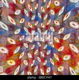 Ein lebendiges Kaleidoskop aus wirbelnden Farben und abstrakten Formen mit zahlreichen augenähnlichen Formen, die den Betrachter in einen faszinierenden visuellen Wirbel hineinziehen. Ein lebendiges Kreismuster mit einem komplexen Design aus bunten Blättern, die in sich wiederholenden Motiven angeordnet sind, vor einem strukturierten Hintergrund, der den visuellen Reichtum insgesamt unterstreicht. Klassische Kunst mit einem modernen Twist von Artotop, transformierte französische Stoffe, erste Hälfte des 19. Jahrhunderts, klassische Kunst mit einem modernen Twist von Artotop Stockfoto