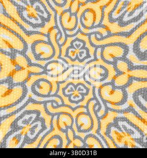 Ein lebendiges, wirbelndes Muster mit komplexen Designs in Gelb und Grau, das einen dynamischen visuellen Rhythmus erzeugt. Ein kreisförmiges Design mit einem komplizierten Muster aus wirbelnden Linien und Blumenmotiven in Grau-, Gelb- und Weißtönen, das ein lebendiges Dekorationsstück schafft. Klassische Kunst mit einem modernen Twist von Artotop, transformierte französische Stoffe, erste Hälfte des 19. Jahrhunderts, klassische Kunst mit einem modernen Twist von Artotop Stockfoto