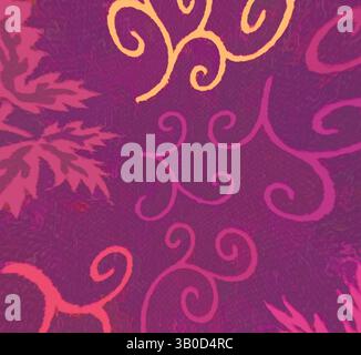 Ein lebhaftes Muster mit wirbelnden Kurven und komplexen Blattmustern, das Rosa- und Violettschattierungen zu einem dynamischen und lebendigen Erscheinungsbild verschmelzen lässt. Ein lebendiges kreisförmiges Design mit komplexen Wirbeln und Blattmotiven in Violett-, Gold- und Grüntönen für ein festliches und skurriles Muster. Klassische Kunst mit einem modernen Twist von Artotop, transformierte französische Stoffe, erste Hälfte des 19. Jahrhunderts, klassische Kunst mit einem modernen Twist von Artotop Stockfoto