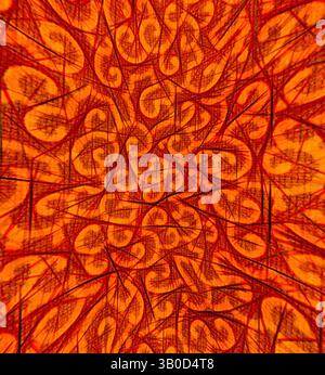 Ein kompliziertes Muster aus wirbelnden Linien und Formen verschmilzt in leuchtenden Orange- und Rottönen und schafft ein dynamisches und energetisches visuelles Erlebnis. Ein kreisförmiges Design mit einem komplizierten Muster aus wirbelnden, ineinander verwobenen Formen in leuchtenden Orange- und Gelbtönen, das ein Gefühl von Tiefe und Bewegung schafft. Klassische Kunst mit einem modernen Twist von Artotop, transformierte französische Stoffe, erste Hälfte des 19. Jahrhunderts, klassische Kunst mit einem modernen Twist von Artotop Stockfoto
