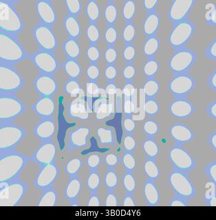 Eine abstrakte Komposition mit einem zentralen Kreuz, umgeben von langen ovalen Formen, die ein dynamisches Gefühl von Bewegung und Tiefe erzeugen. Die Farbpalette ist kühl und gedämpft, was den künstlerischen Gesamteffekt verstärkt. Eine kreisförmige Oberfläche mit einer rasterartigen Anordnung kleiner Punkte, durchsetzt mit mehreren quadratischen Formen, die ein abstraktes Muster erzeugen. Das Design betont Symmetrie und Wiederholung und lädt zur weiteren Erforschung seiner geometrischen Komplexität ein. Klassische Kunst mit modernem Touch, neu interpretiert von Artotop, transformierte französische Stoffe, erste Hälfte des 19. Jahrhunderts, Klassische Kunst Stockfoto