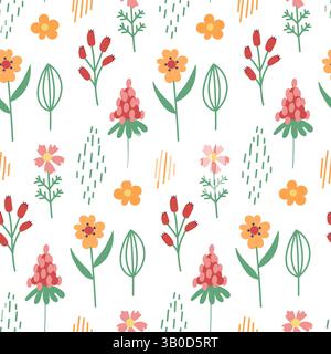 Nahtloses Frühlingsblumenmuster. Handgezeichnete einfache Blumen. Stock Vektor