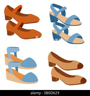 Set mit klassischen Damenschuhen. Blaue und braune Farben. Stock Vektor