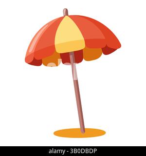 Sonnenschirm mit roten und gelben Paneelen auf Sand. Zeichentrickvektor-Illustration auf weißem Hintergrund. Stock Vektor