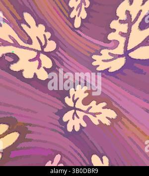 Ein lebendiges abstraktes Design mit fließenden Linien und organischen Formen, die an Blätter erinnern, in einer harmonischen Mischung aus warmen Farbtönen. Das Zusammenspiel der Farben schafft eine dynamische, strukturierte Atmosphäre. Ein kreisförmiges Design mit einem sich wiederholenden Muster aus hellen Blättern, die auf einem leuchtenden violetten Hintergrund verstreut sind, ergänzt durch subtile diagonale Linien, die Tiefe und Textur verleihen. Klassische Kunst mit einem modernen Twist von Artotop, transformierte französische Stoffe, erste Hälfte des 19. Jahrhunderts, klassische Kunst mit einem modernen Twist von Artotop Stockfoto