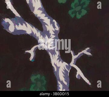 Eine stilisierte Darstellung eines knorrigen Baumzweigs erstreckt sich über einen dunklen Hintergrund, durchsetzt von grünem Laub, wodurch ein auffälliger Kontrast und ein faszinierendes organisches Muster entsteht. Ein Blumenmuster mit leuchtenden grünen Blumen und zarten Zweigen vor dunkler Kulisse, das ein elegantes und kompliziertes Design schafft. Klassische Kunst mit einem modernen Twist von Artotop, transformierte französische Stoffe, erste Hälfte des 19. Jahrhunderts, klassische Kunst mit einem modernen Twist von Artotop Stockfoto