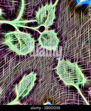 Ein lebendiges Schauspiel stilisierter Blätter entsteht vor einem strukturierten Hintergrund, mit wirbelnden Linien und hellen Kanten, die eine dynamische Interaktion zwischen Natur und abstrakter Kunst schaffen. Ein kreisförmiges Design mit leuchtenden blauen Blumen, die mit grünen Blättern verwoben sind, vor dunklem Hintergrund, wodurch ein kompliziertes und lebendiges Muster entsteht. Klassische Kunst mit einem modernen Twist von Artotop, transformierte französische Stoffe, erste Hälfte des 19. Jahrhunderts, klassische Kunst mit einem modernen Twist von Artotop Stockfoto