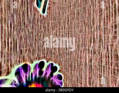 Eine abstrakte Komposition besteht aus einem Wandteppich aus Linien und Texturen, durchsetzt mit lebendigen floralen Elementen. Das Zusammenspiel von Mustern erzeugt einen auffälligen visuellen Kontrast, der die Aufmerksamkeit auf die komplizierten Details und lebendigen Farben in der umgebenden Struktur lenkt., Ein kreisförmiges Design mit leuchtenden Blumenmustern vor einem strukturierten Hintergrund, die in violetten, roten und gelben Tönen einen auffälligen Kontrast bilden. Klassische Kunst mit einem modernen Twist von Artotop, transformierte französische Stoffe, erste Hälfte des 19. Jahrhunderts, Klassische Kunst mit einem modernen Twist neu interpretiert von Stockfoto