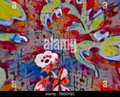 Eine skurrile Szene mit einem zentralen Teddybären, umgeben von einer lebhaften, abstrakten Explosion von Farben und Formen, die ein Gefühl von verspieltem Chaos und traumhafter Fantasie weckt. Ein kunstvolles Oval-Design mit einem lebendigen Blumenmuster mit komplexen Details in Blau-, Rot- und Grüntönen vor einem strukturierten Hintergrund. Klassische Kunst mit einem modernen Twist von Artotop, transformierte französische Stoffe, erste Hälfte des 19. Jahrhunderts, klassische Kunst mit einem modernen Twist von Artotop Stockfoto