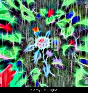 Eine lebendige, abstrakte Darstellung einer blühenden Blume, umgeben von einem Kaleidoskop aus Grün und bunten Blicken, die ein Gefühl lebendiger Bewegung und Energie schaffen. Ein lebendiges kreisförmiges Design mit einem komplizierten Muster aus stilisierten Blumen und Blättern, das eine Mischung aus kräftigen Farben vor dunklerem Hintergrund zeigt. Das lebhafte Arrangement erzeugt ein Gefühl von Bewegung und Laune. Klassische Kunst mit einem modernen Twist von Artotop, transformierte französische Stoffe, erste Hälfte des 19. Jahrhunderts, klassische Kunst mit einem modernen Twist von Artotop Stockfoto