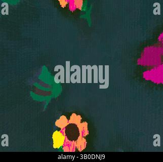 Ein lebhaftes Muster mit bunten Blumen und Blättern vor dunklem Hintergrund, das ein lebendiges und künstlerisches Design schafft. Ein kreisförmiges Muster mit leuchtenden Blumen in Rosa-, Gelb- und Grüntönen vor dunklem Hintergrund. Klassische Kunst mit einem modernen Twist von Artotop, transformierte französische Stoffe, erste Hälfte des 19. Jahrhunderts, klassische Kunst mit einem modernen Twist von Artotop Stockfoto