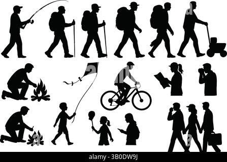 Familienaktivitäten Im Freien Silhouetten Wandern Camping Vektor-Set Stock Vektor