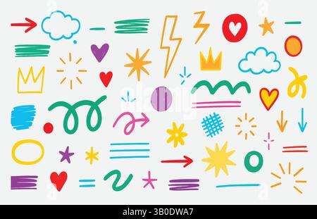 Bunte Doodle-Pfeile und handgezeichnete Symbole Vektor-Set Stock Vektor