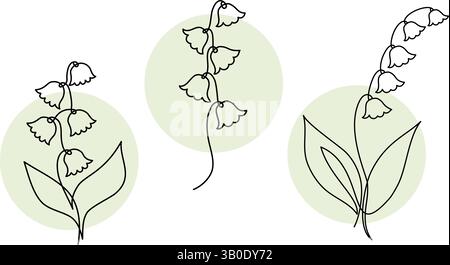 Blume Lily of the Valley in One Continuous Line Drawing Set. Minimalistische lineare abstrakte Frühlingsglocken. Vektorabbildung. Line Art Monoline. Iso Stock Vektor