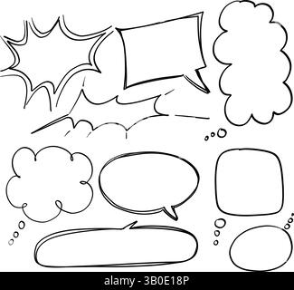 Vektorillustration verschiedener handgezeichneter Sprech- und Gedankenblasen. Schwarze Konturen auf weißem Hintergrund, ideal für Comics und kreative Projekte Stock Vektor