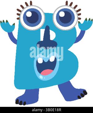 Skurriles blaues Monster in der Form des Buchstaben B mit großen Augen und verspieltem Ausdruck. Auffällige Farben und Cartoon-Style Stock Vektor