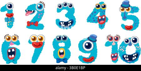Farbenfrohe Zeichentricknummern mit Monstergesichtern in leuchtenden Blautönen und skurrilen Ausdrücken. Ideal für Unterrichtsmaterialien für Kinder Stock Vektor
