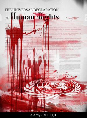 Menschenrechtsproblem-Illustration. UN-Logo mit Blutspritzern Stockfoto