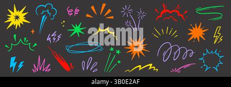 Set aus Bewegungslinien-Elementen für Geschwindigkeitseffekt-Comic. Comic Power Motion, Dynamit explosive Energie, Liniengeschwindigkeit Cartoon Vektor-Symbol. Handgezeichneter Sketch-Action-Effekt. Vektorabbildung Stock Vektor