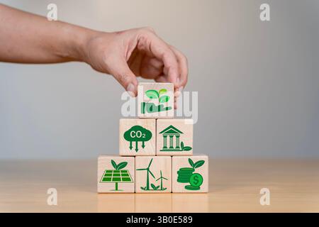 Kohlenstoffneutrales und kohlenstofffreies Konzept für die natürliche Umwelt. Klimaneutrale langfristige Strategie. Ziel der Treibhausgasemissionen. Handangeordnetes Holz c Stockfoto