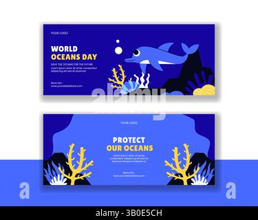 Flache Illustration für die Kampagne zum Weltmeertag auf horizontalem Banner in sozialen Medien Stock Vektor