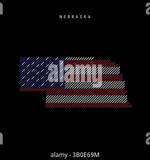 Nebraska US-Bundesstaat schraffierte Silhouettenkarte mit schrägen parallelen Linien in den Farben der amerikanischen Flagge, strukturierte stilisierte Karte. Abbildung iso Stockfoto