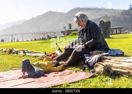 Großmutter und Enkel genießen einen sonnigen Tag im Park, spielen und lachen gemeinsam auf einer Decke Stockfoto