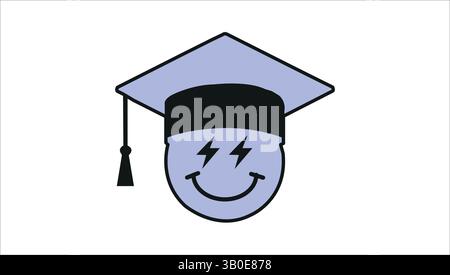 Einfache Vektor-Illustration eines lächelnden Gesichts, das eine Graduierungsmütze mit Blitzaugen trägt, die Leistung, Bildung, Abschluss, Erfolg symbolisiert Stock Vektor