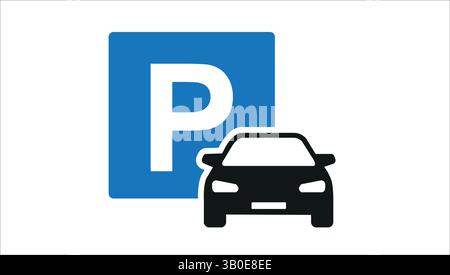 Einfache Vektor-Illustration eines Parkschilds mit einem Auto davor, symbolisiert Parkplatz, Parkplatz, Transport, Fahrzeugraum, und fahren Stock Vektor