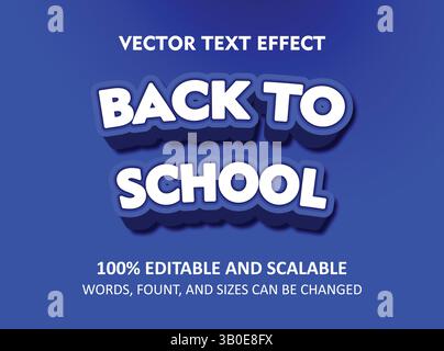 Verspielter Vektortexteffekt mit „Back-to-School“-Nachricht auf blauem Hintergrund, die Bildung, Lernen, neues akademisches Jahr und Unterrichtsthema repräsentiert Stock Vektor