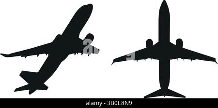 Zwei einfache schwarze Flugzeugsilhouettensymbole auf weißem Hintergrund, die Flug, Luftfahrt, Reise, Luftverkehr, und der Luftfahrtindustrie Stock Vektor
