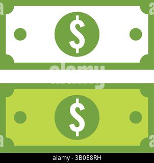 Zwei einfache Vektorgrafiken von grünen Dollarscheine mit Währungssymbolen, die Geld, Finanzen, Zahlung, Bankwesen, Wohlstand, Wirtschaft Stock Vektor