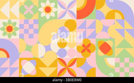 Fliesenset mit geometrischem Muster – abstraktes Mosaik farbenfroher Formen im Bauhaus-Stil. Kreise und Quadrate, Dreiecke und Blumen bilden nahtlose Hintergrundfelder. Lebendiges Dekoelement für Stoff. Stock Vektor