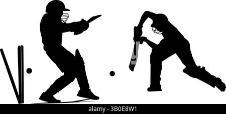Silhouettenvektor-Illustration von zwei Cricketspielern, die mit Ball und Stümpfen schlagen und Schüsse spielen, die Sportaktion, Wettbewerb, Outdoor darstellen Stock Vektor